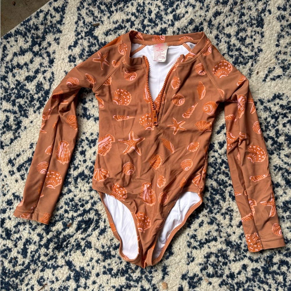 SOLD Orange Seashell Print Long Sleeve Swimsuit